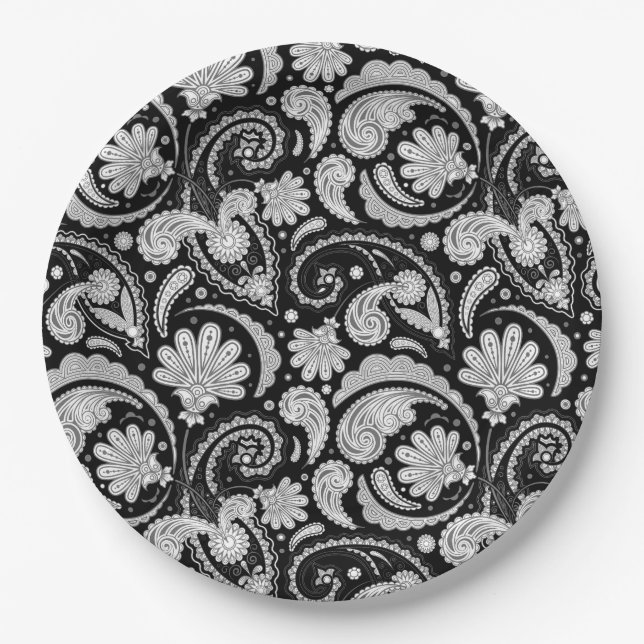 Cute vintage black white paisley patterns paper plates (Front)
