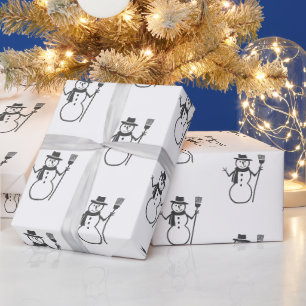 Cute Vintage Black White Snowman Wrapping Paper