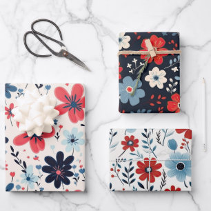 Cute Vintage Blue and Red Flowers Wrapping Paper Sheets