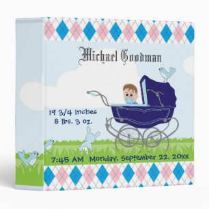 Cute Vintage Blue Baby Boy Carriage 3 Ring Binder