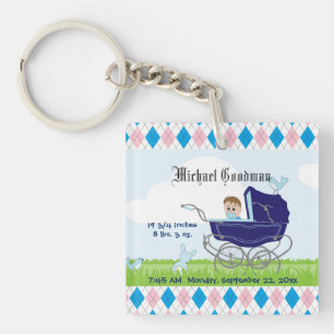 Cute Vintage Blue Baby Boy Carriage Keychain