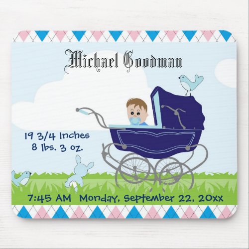 Cute Vintage Blue Baby Boy Carriage Mouse Pad