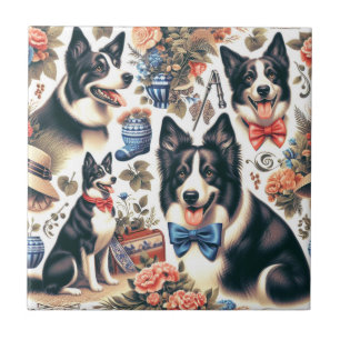 Cute Vintage Border Collie Illustration Ceramic Tile