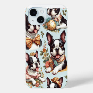 Cute Vintage Boston Terrier Illustration iPhone 15 Case