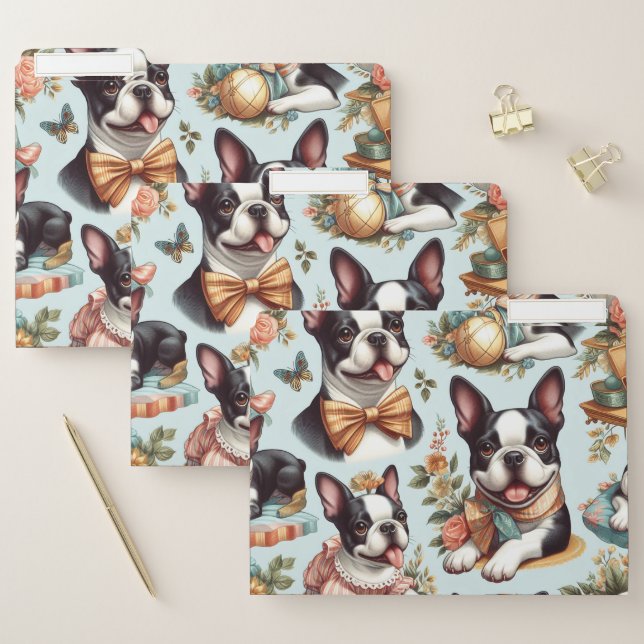 Cute Vintage Boston Terrier Illustration File Folder (Set)