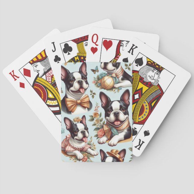Cute Vintage Boston Terrier Illustration Poker Cards (Back)
