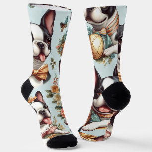 Cute Vintage Boston Terrier Illustration Socks