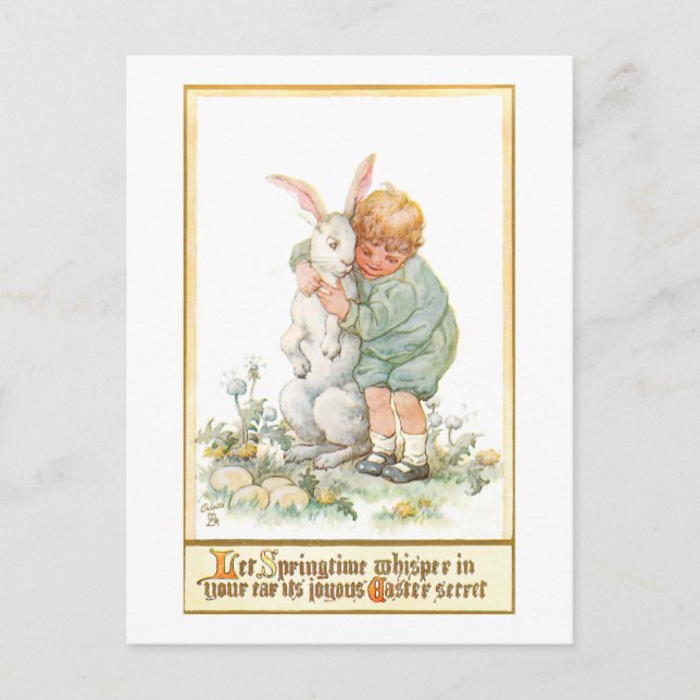 Cute Vintage Boy Hugging Easter Bunny Postcard (Front)