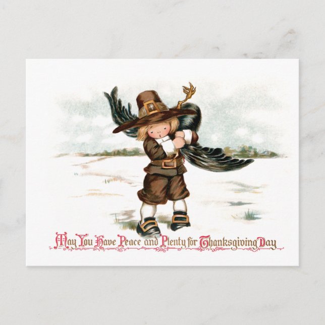 Cute Vintage Boy with Turkey Postcard (Front)
