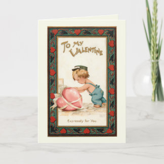 Cute Vintage Boy with Valentine Heart Holiday Card