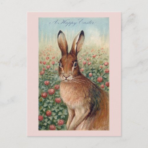 Cute Vintage Brown Easter Bunny and Clover Postcard