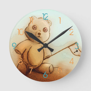 Cute Vintage Brown Teddy Bear, Round Clock