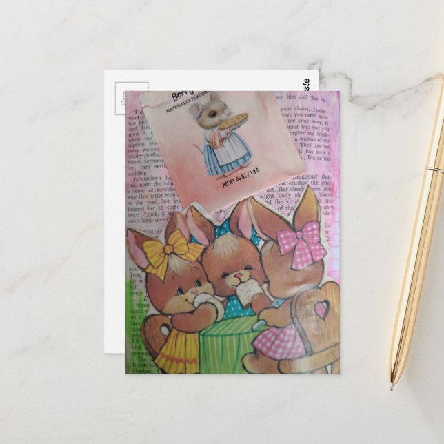 Cute Vintage Bunnies and Mouse Collage Postcard (Front/Back In Situ)