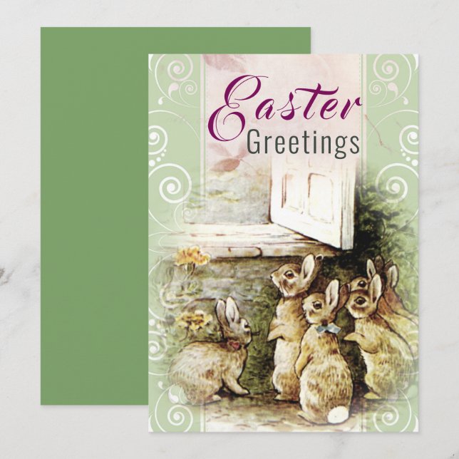 Cute Vintage Bunnies Easter Greetings Holiday Card (Front/Back)