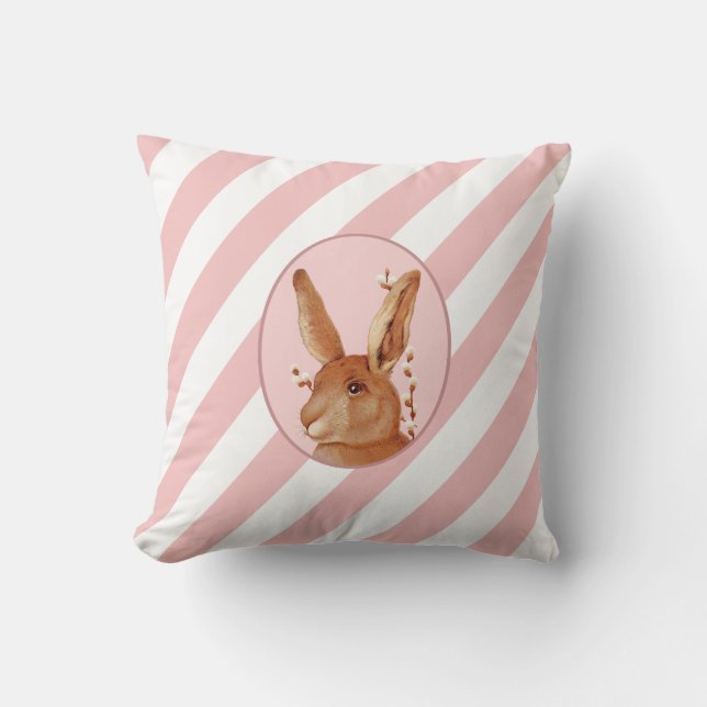 Cute Vintage Bunny and Stripes Throw Pillow (Front)
