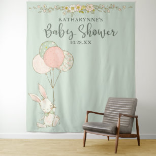 Cute Vintage Bunny Floral Baby Shower Backdrop
