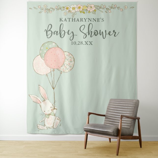 Cute Vintage Bunny Floral Baby Shower Backdrop (In Situ)
