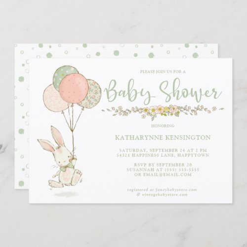 Cute Vintage Bunny Floral Baby Shower Invitation