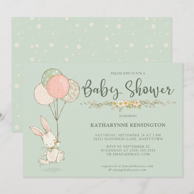 Cute Vintage Bunny Floral Baby Shower Invitation (Front/Back)