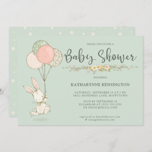 Cute Vintage Bunny Floral Baby Shower Invitation