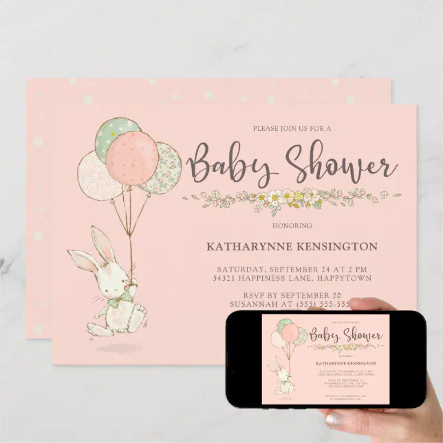 Cute Vintage Bunny Floral Girl Baby Shower Invitation | Zazzle