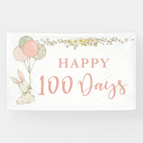 Cute Vintage Bunny Floral Happy 100 Days Banner