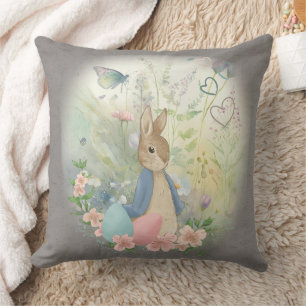 Cute vintage bunny in a clearing with an Easter eg Throw Pillow
