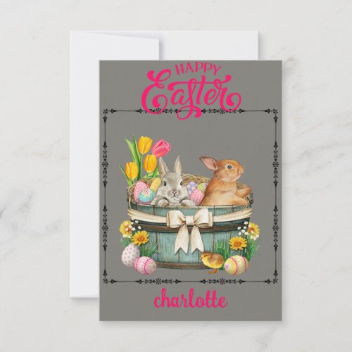 cute vintage bunny in easter basket _Happy easter Note Card