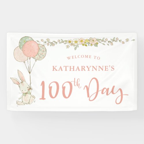 Cute Vintage Bunny Rustic Floral 100th Day Banner