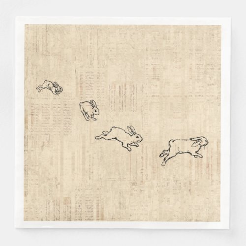 Cute Vintage Bunny Themed Jumping Rabbits Art Paper Dinner Napkins