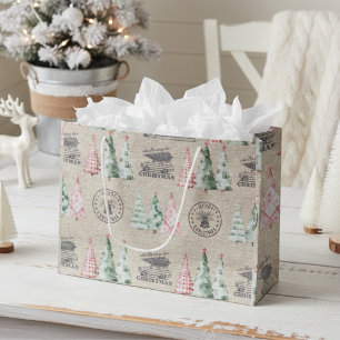 Cute Vintage Burlap Stamp Christmas Tree Pattern Large Gift Bag