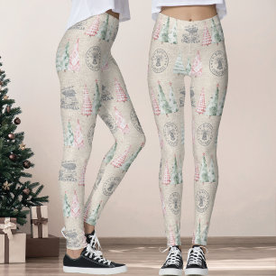 Cute Vintage Burlap Stamp Christmas Tree Pattern Leggings