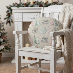 Cute Vintage Burlap Stamp Christmas Tree Pattern Round Pillow