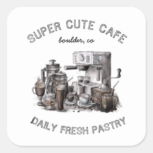 cute vintage cafe illustration monogram square sticker