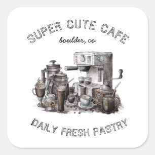 cute vintage cafe illustration monogram square sticker