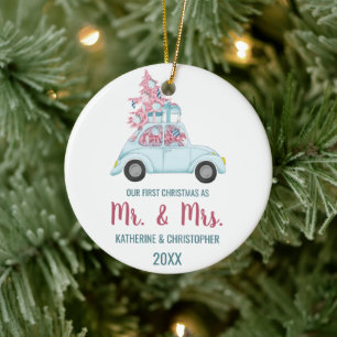 Cute Vintage Car First Christmas Mr. & Mrs. Ceramic Ornament
