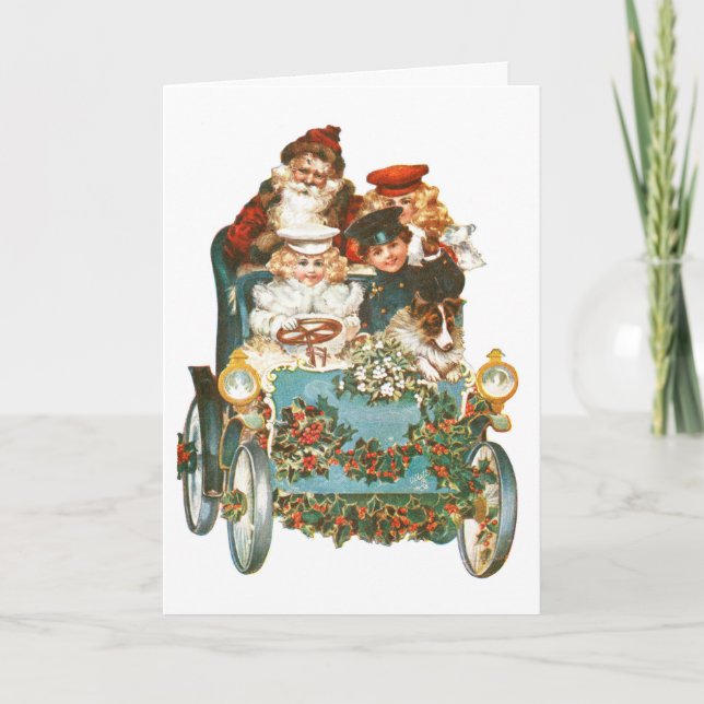 Cute Vintage Car | Santa Claus Christmas Holiday Card (Front)