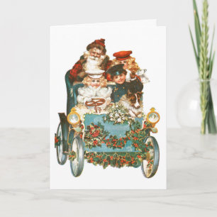 Cute Vintage Car Santa Claus Christmas Holiday Card