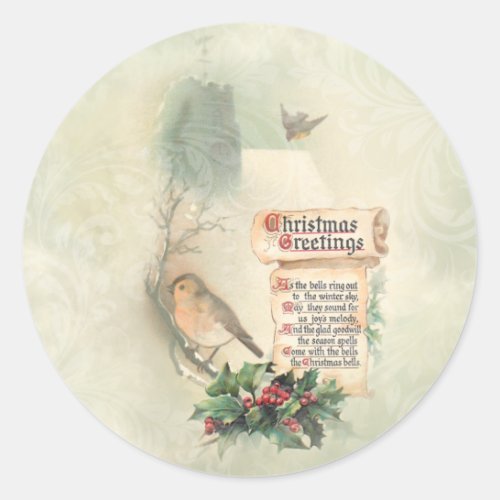 Cute Vintage Cardinal on Holly Branch Classic Round Sticker
