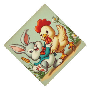 Cute, vintage cartoon Chicken & Rabbit Graduation Cap Topper