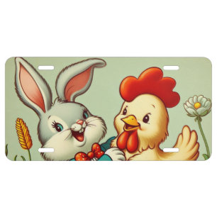 Cute, vintage cartoon Chicken & Rabbit License Plate