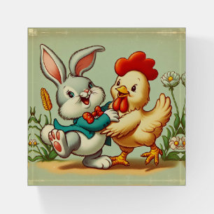 Cute, vintage cartoon Chicken & Rabbit Paperweight