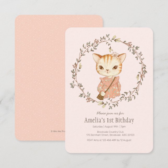 Cute Vintage Cat Girls Birthday Invitation (Front/Back)