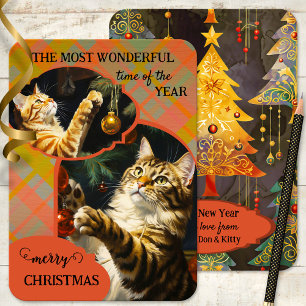 Cute Vintage Cats Plaid Merry Christmas Holiday Card
