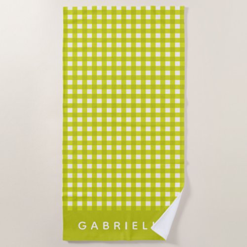 Cute Vintage Chartreuse Gingham Plaid Personalized Beach Towel