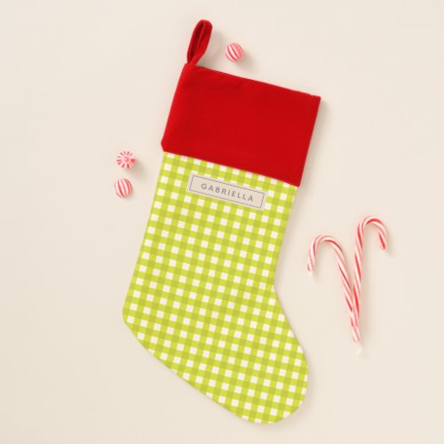 Cute Vintage Chartreuse Gingham Plaid Personalized Christmas Stocking