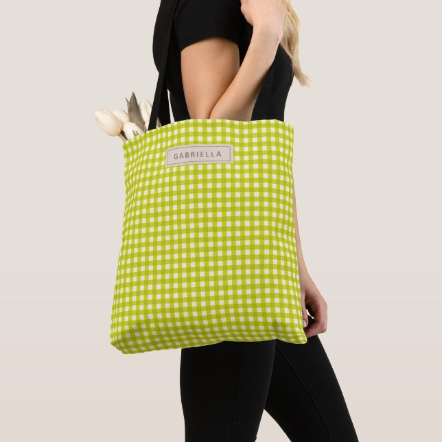 Cute Vintage Chartreuse Gingham Plaid Personalized Tote Bag (Close Up)