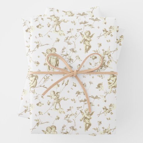 Cute Vintage Cherub Cupid Angel Beige Floral Toile Wrapping Paper Sheets