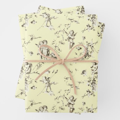 Cute Vintage Cherub Cupid Angels Beige Toile  Wrapping Paper Sheets