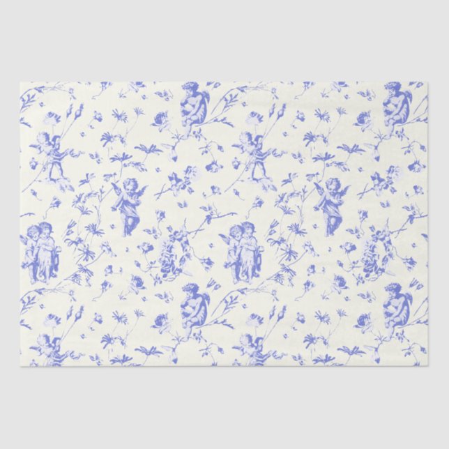 Cute Vintage Cherub Cupid Angels Blue Floral Toile Tissue Paper (Front)